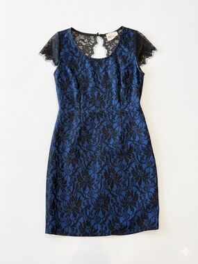 Moon Collection Blue & Black Floral Lace Mini Dress - Open Keyhole Back - Small